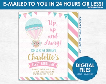 Hot Air Balloon First Birthday Party Invitation - DIGITAL FILE - Pink and Gold Glitter Party Invite - Any Age! Other Colors Available!