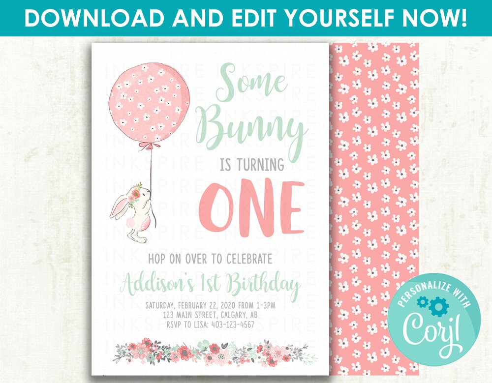 Editable Bunny Birthday Invitation Printable DIGITAL FILE | Etsy