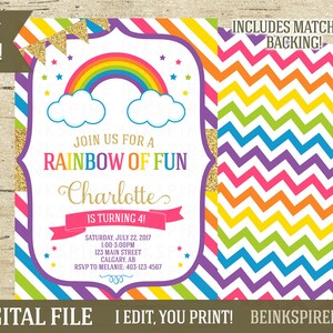 May include: A rainbow-themed birthday party invitation with a rainbow, clouds, and gold glitter. The invitation says "Join us for a Rainbow of Fun Charlotte is turning 4!" with the date, time, and location of the party.