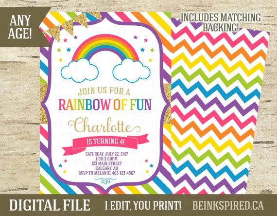 Rainbow Birthday Party Invitation Invite, Girl 1st 2nd 3rd 4th 5th 6th Birthday Rainbow Invite Invitation, Unicorn, Printable DIGITAL FILE