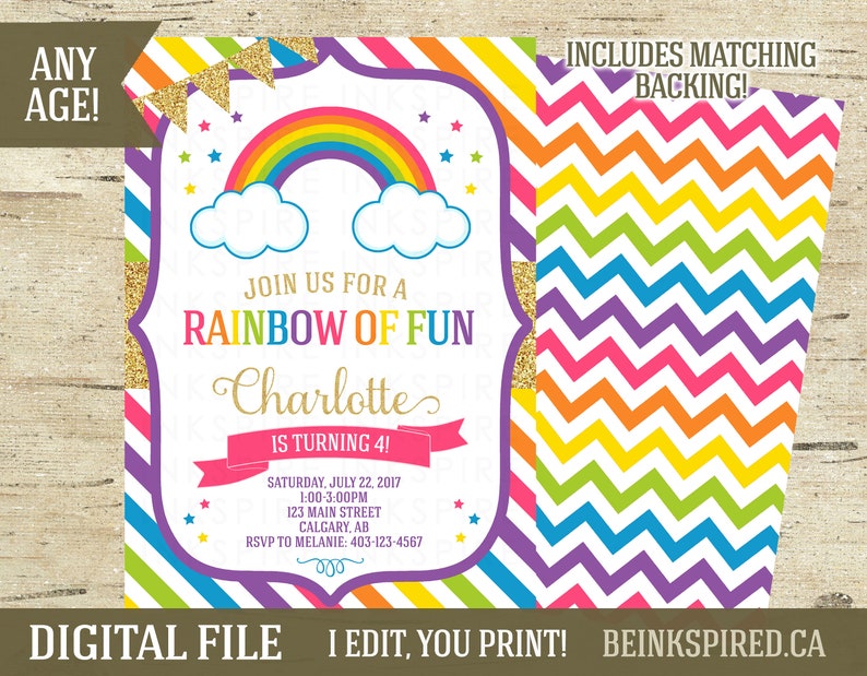 May include: A rainbow-themed birthday party invitation with a rainbow, clouds, and gold glitter. The invitation says "Join us for a Rainbow of Fun Charlotte is turning 4!" with the date, time, and location of the party.
