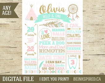 Wild One Birthday Board - Printable DIGITAL FILE - Pink, Mint & Gold Glitter Tribal Birthday Chalkboard Sign - Any Age! Change the Sections!
