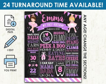 Ballet Birthday Chalkboard - Printable DIGITAL FILE - Ballerina First Birthday Party Chalkboard Sign - Any Age! Change the Sections!
