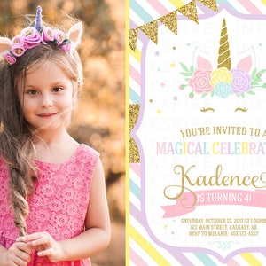 Unicorn Birthday Invitation, Unicorn Invitation, Magical Invitation, Rainbow Gold Glitter, Unicorn Party, 1st 2nd 3rd, KADENCE, DIGITAL FILE image 4