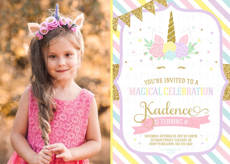 Unicorn Birthday Invitation, Unicorn Invitation, Magical Invitation, Rainbow Gold Glitter, Unicorn Party, 1st 2nd 3rd, KADENCE, DIGITAL FILE image 4