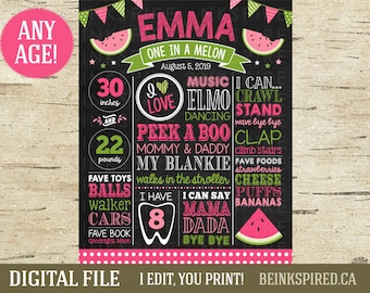 One in a Melon First Birthday Board - Printable DIGITAL FILE - Girls Pink Watermelon Birthday Chalkboard - Any Age! Change the Sections!