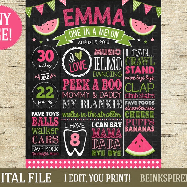 One in a Melon First Birthday Board - Printable DIGITAL FILE - Girls Pink Watermelon Birthday Chalkboard - Any Age! Change the Sections!