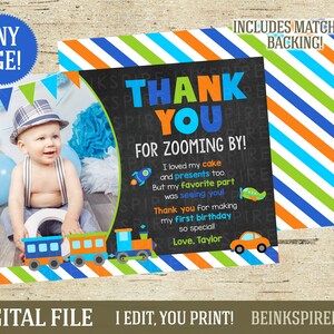Tarjeta de agradecimiento de transporte - ARCHIVO DIGITAL - Fiesta de cumpleaños de trenes de aviones de autos - Tarjeta de agradecimiento de foto de niños - ¡Cualquier edad! ¡Cambia el mensaje!