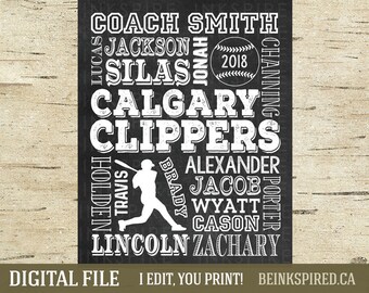Puede incluir: Una impresión de estilo pizarra en blanco y negro con el texto "COACH SMITH" y "CALGARY CLIPPERS" en letras grandes. El texto está rodeado de una lista de nombres, incluyendo "JACKSON", "SILAS", "JONAH", "CHANNING", "HOLDEN", "TRAVIS", "BRADY", "ALEXANDER", "JACOB", "WYATT", "CASON", "PORTER", y "LINCOLN ZACHARY". Una pelota de béisbol con el año "2018" está incluida en el diseño.