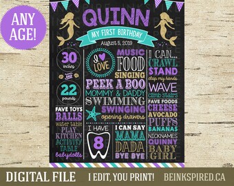 Mermaid First Birthday Milestone Poster - Printable DIGITAL FILE - Under the Sea Birthday Chalkboard - Any Age! Change the Sections!