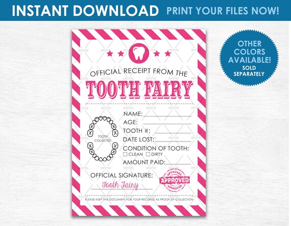 Tooth Fairy Receipt - INSTANT DOWNLOAD - Printable 5"x7" Girls Pink First Lost Tooth Receipt Certificate Letter - Download Now!
