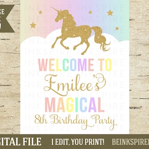 Unicorn Welcome Sign, Unicorn Printable, Unicorn Birthday Decor, Unicorn Door Sign, Unicorn Birthday, Personalized, EMILEE, DIGITAL FILE