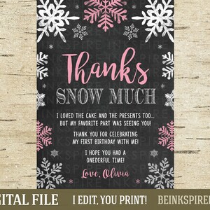 Winter ONEderland Dankeskarte - druckbare DIGITALDATEI - personalisierte rosa und silberne Schneeflocke Dankeskarte