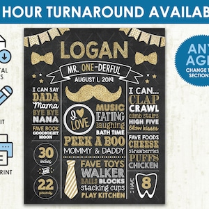 May include: A black and gold chalkboard style printable sign with the name Logan and the text "Mr. One-Derful" and "August 1, 2019". The sign includes details about the child's milestones, such as "I can say Dada", "I can clap, crawl, climb stairs, high five, blow kisses", "Fave foods: cheese, strawberries, puffs, chicken", "Fave toys: walker, balls, blocks, stacking cups, play kitchen", and "I have 8 teeth".