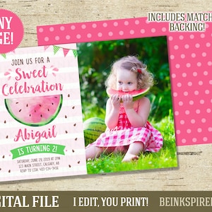 Aquarel watermeloen verjaardagsuitnodiging - DIGITAAL BESTAND - Afdrukbare Pink One in a Melon Party Invite -Elke leeftijd! Andere kleuren beschikbaar!