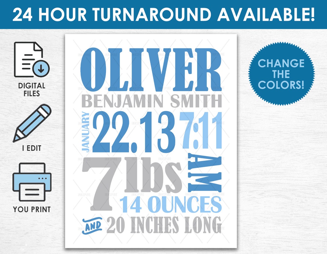 Boy Birth Stats Poster Printable DIGITAL FILE Personalized New Baby ...