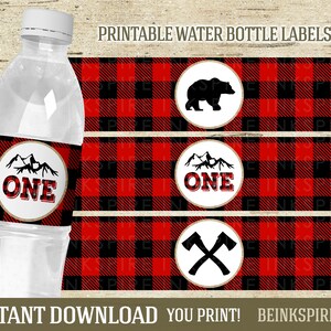 Lumberjack Water Bottle Labels - Printable DIGITAL FILE - 8.5&quot;x2&quot; Buffalo Plaid Birthday Party Bottle Wrappers - Instant Download