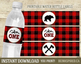 Lumberjack Water Bottle Labels - Printable DIGITAL FILE - 8.5"x2" Buffalo Plaid Birthday Party Bottle Wrappers - Instant Download