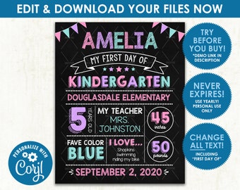 Op de afbeelding: Een roze en blauwe krijtbord met de tekst "Amelia, My First Day of Kindergarten, Douglasdale Elementary". Het bord bevat ook details zoals leeftijd, lengte, favoriete kleur en een bericht over haar leraar.