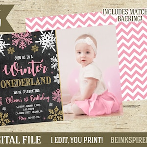 Winter ONEderland Geburtstagseinladung - druckbare DIGITALE DATEI - Rosa und Gold Glitzer Erster Geburtstag einladen