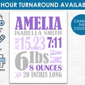 Mädchen Geburt Stats Print - druckbare DIGITALE DATEI - Personalisiertes neues Baby Geschenk - Baby Ankündigung Kinderzimmer Wand Kunst Dekor - Ändern Sie die Farben!