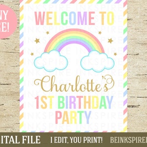 Segno di benvenuto arcobaleno - FILE DIGITALE stampabile - Segno personalizzato della porta della festa di compleanno arcobaleno - Cambia il nome e l'età del bambino!