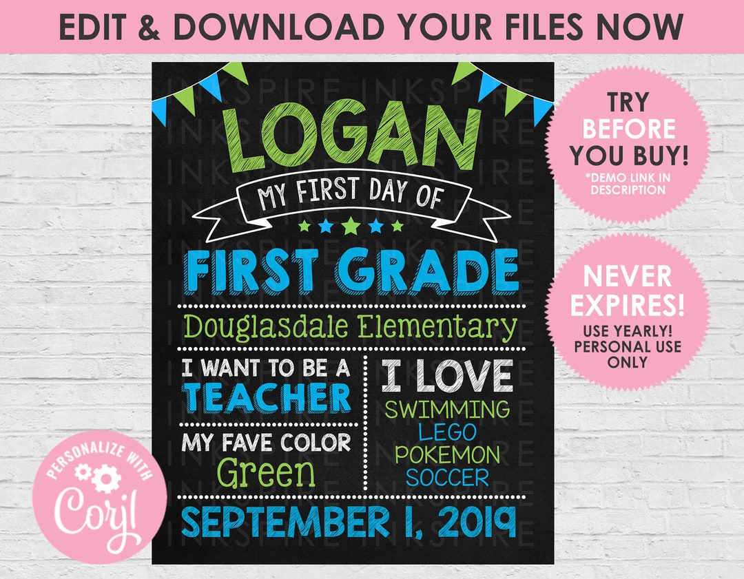 First Day of School Chalkboard Sign Editable DIGITAL FILE - Etsy