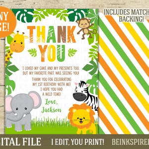 Jungle Thank You Card - DIGITAL FILE - Personalized Safari Birthday Party Thanks - Any Age! Change the Message! Photo Version Available!