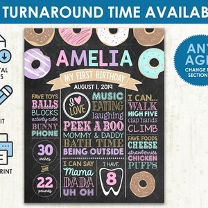 Tablero de cumpleaños de Donut - ARCHIVO DIGITAL imprimible - Pizarra de primer cumpleaños de Donut con purpurina rosa púrpura - ¡Cualquier edad! ¡Cambia las Secciones!