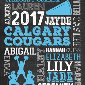 Pu&ograve; includere: Un design di word art in bianco e nero con le parole "Varsity Cheer" e "Calgary Cougars" in blu. I nomi delle cheerleader sono elencati intorno alle parole, tra cui "Alexis", "Lauren", "Jayde", "Abigail", "Emma", "Haley", "Hannah", "Quinn", "Elizabeth", "Lily", "Jade", "Serenity", "Madison", "Caylee", "Harper" e "Bella". L'anno "2017" &egrave; anche incluso nel design. Tre cheerleader sono in silhouette blu al centro del design.
