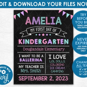 First Day of School Chalkboard Sign - Editable DIGITAL FILE - Girls Pastel Back to School Photo Prop - Download & Edit Yourself NOW!