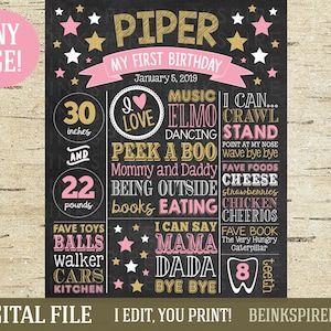 Twinkle Twinkle Little Star Birthday Board - ARCHIVO DIGITAL imprimible - Cartel de pizarra de estrellas de brillo rosa y dorado - ¡Cualquier edad!