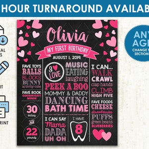 Heart Hearts Birthday Chalkboard Sign - Printable DIGITAL FILE - Valentine Valentine's First Birthday Party Milestone Poster Board