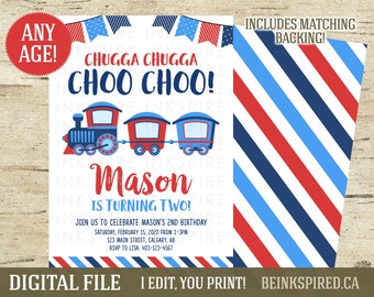 May include: A printable invitation for a birthday party with a train theme. The invitation features a red, blue, and white train with the text "Chugga Chugga Choo Choo! Mason is turning two!" and party details.