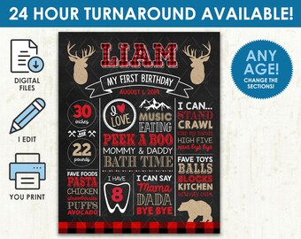 Lumberjack Milestone Poster - Printable DIGITAL FILE - Buffalo Plaid First Birthday Chalkboard Board Sign - Any Age! Change the Sections!
