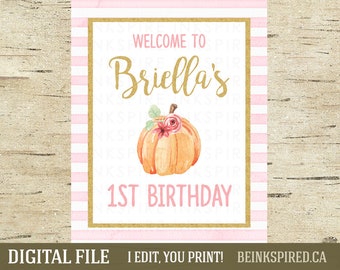 Pumpkin First Birthday Welcome Sign - Printable DIGITAL FILE - Personalized Watercolor Floral Pumpkin Door Poster - Change the Name!