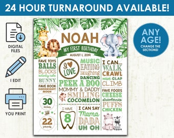 May include: A green, brown, and white printable first birthday sign with a jungle theme. The sign features a giraffe, elephant, lion, and zebra. It includes the name Noah, the date August 1, 2019, and details about the child's first year, such as favorite toys, foods, and milestones. The sign also includes a tooth with the number 8 on it, indicating the child has 8 teeth.