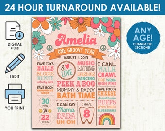 Groovy Birthday Chalkboard - Printable DIGITAL FILE - Daisy Rainbow Hippie Retro 70s Groovy Birthday Party Milestone Poster Sign - Any Age!