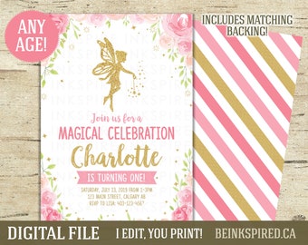 Fairy Birthday Invitation - DIGITAL FILE - Pink & Gold Glitter Fairies First Birthday Party Invite - Any Age! Other Colors Available!