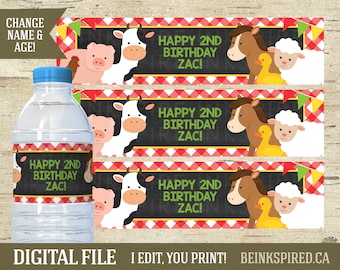 Farm Birthday, Water Bottle Labels, Personalized, Printable, Farm Party, Barnyard Petting Zoo Tractor Water Bottle Labels, ZAC, DIGITAL FILE