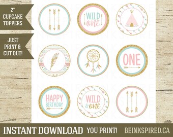 Printable Wild One Tribal Boho Birthday Cupcake Toppers, Pink Gold Mint, Tribal Party, Tribal Birthday, Wild One Party, DIGITAL FILE