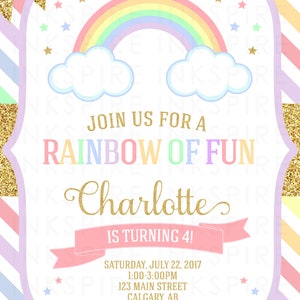 May include: Rainbow-themed birthday party invitation with a rainbow, clouds, and stars. The invitation says "Join us for a Rainbow of Fun Charlotte is turning 4!" with the date, time, and location.