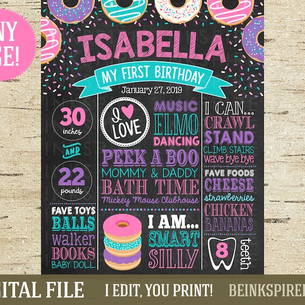 Donut Birthday Board - Printable DIGITAL FILE - First Birthday Donuts Chalkboard Poster - Any Age! Change the Sections!