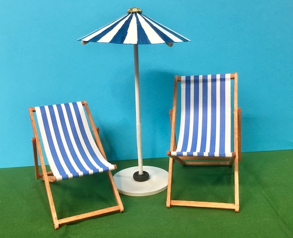 5 Set Miniature Beach Deck Chair Umbrella Model for Dollhouse Decor Blue