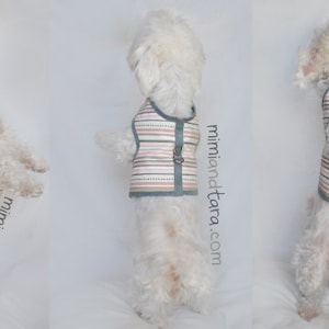 May include: A white dog wearing a pink and grey striped dog harness with a grey buckle. The harness has a white trim. The dog is standing on its hind legs and looking up. The text "mimiandetara.com" is visible on the right side of the image.