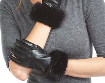 Womens Ladies Black Genuine Leather Fur Gloves Fleece Lined Retro Vintage 