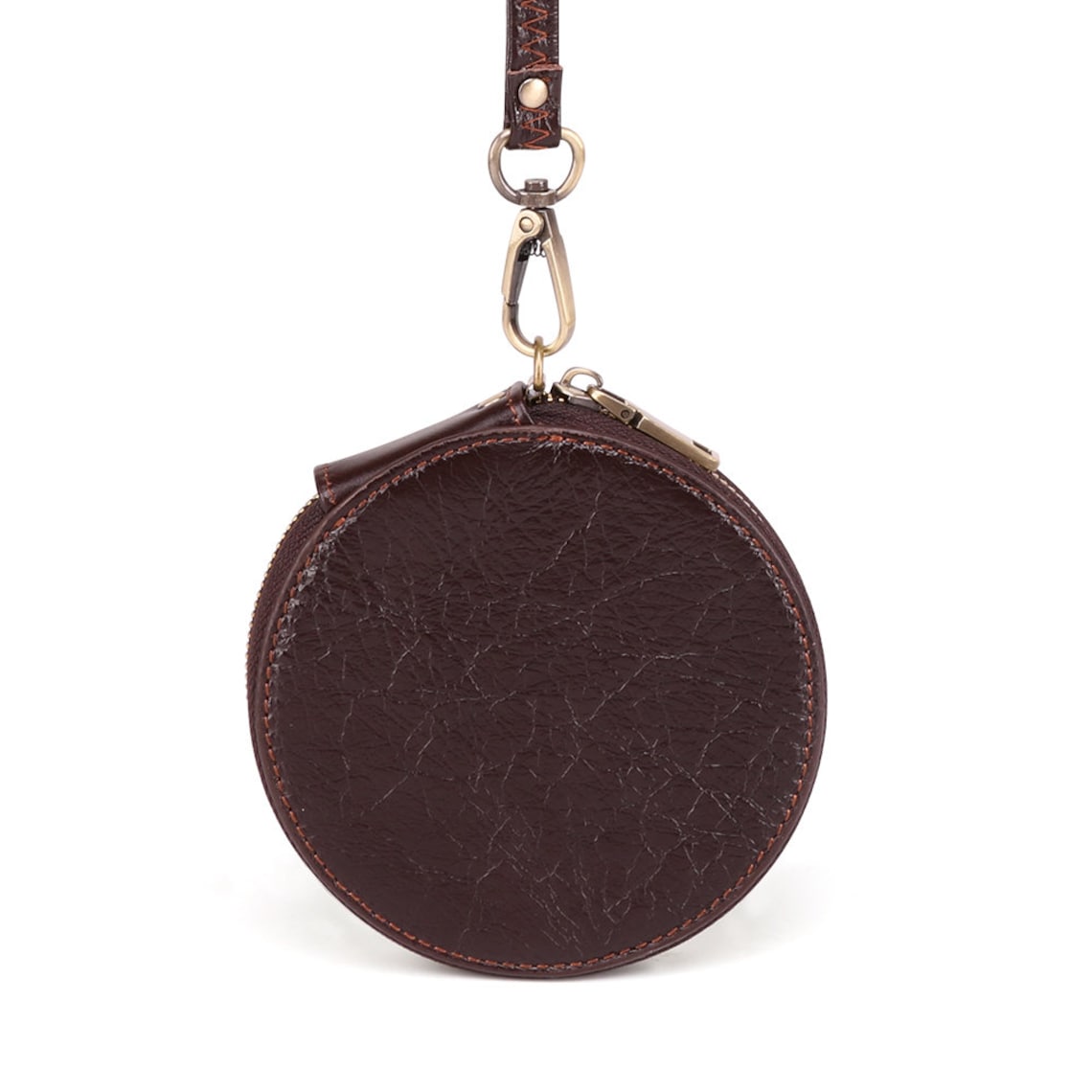 Leather Round Coin Purse With Wrist Strap Etsy