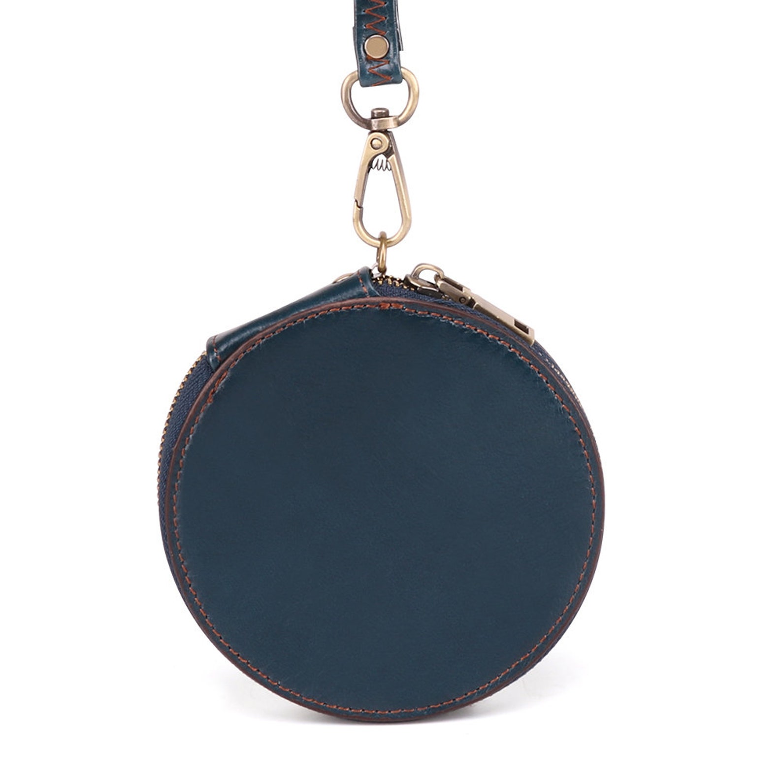 Leather Round Coin Purse With Wrist Strap Round Wallet Blue Etsy UK