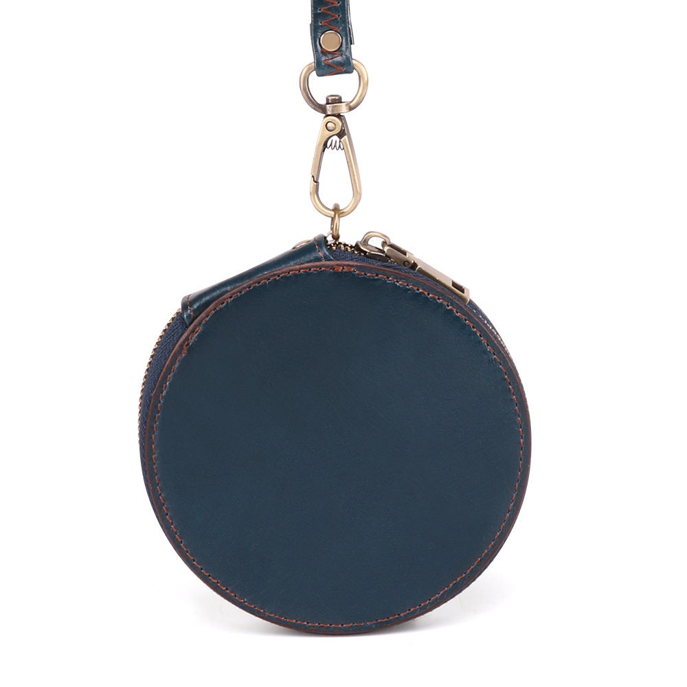 Leather Round Coin Purse With Wrist Strap Round Wallet Blue Etsy UK