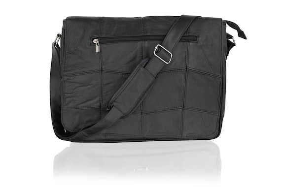 Woodland Leather Black Landscape Messenger Bag 15.0 Flap Over Adjustable Shoulder Strap